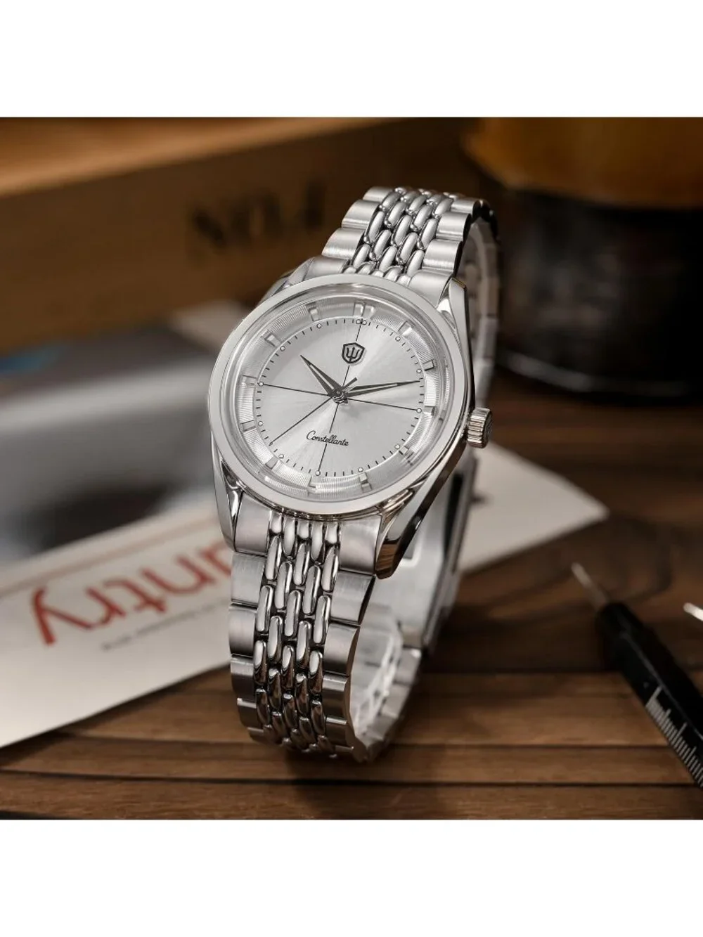 Men's Sunray Silver/ Sapphire-OTF Clasp Crystal Arctic 36mm VH31 Quartz Watch